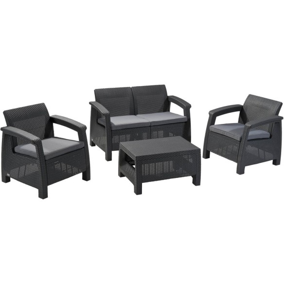 CONJUNTO KETER CORFU LOUNGE RESINA INYECTADA RATAN MESITA SOFA SILLONES ANTRACITA