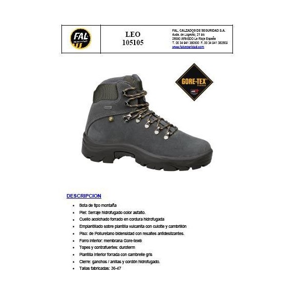 BOTA FAL GTR500 LEO O2 SERRAJE+GORETEX GRIS T- 45