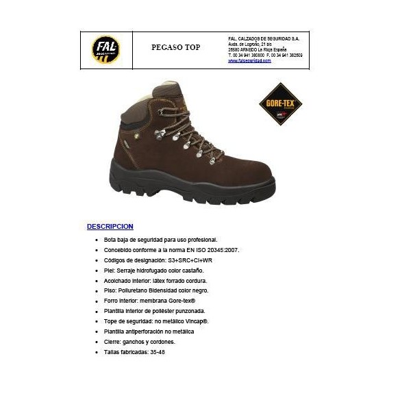 BOTA FAL PEGASO TOP GORE TEX S3 SERRAJE MARRON T- 40