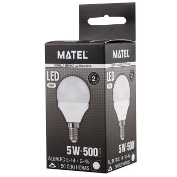 BOMBILLA LED ESFERICA E14 MATEL 450 LM 5 W LUZ FRIA