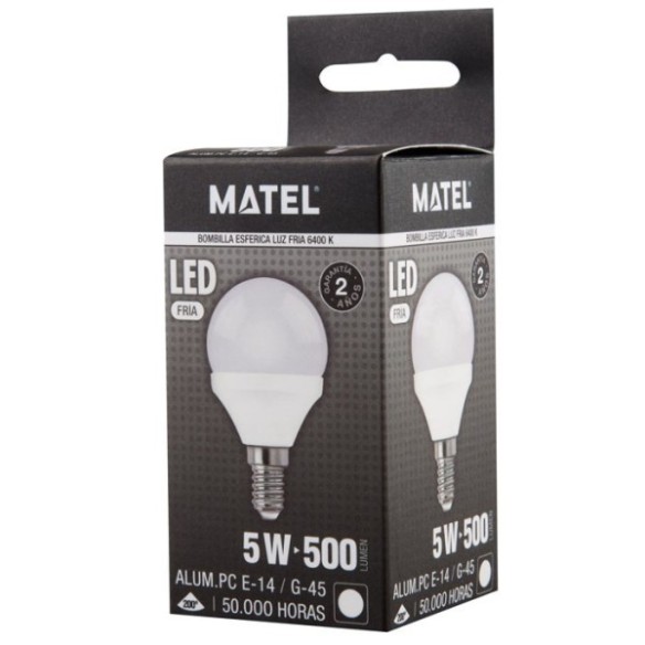 BOMBILLA LED ESFERICA E14 MATEL 450 LM 5 W LUZ FRIA