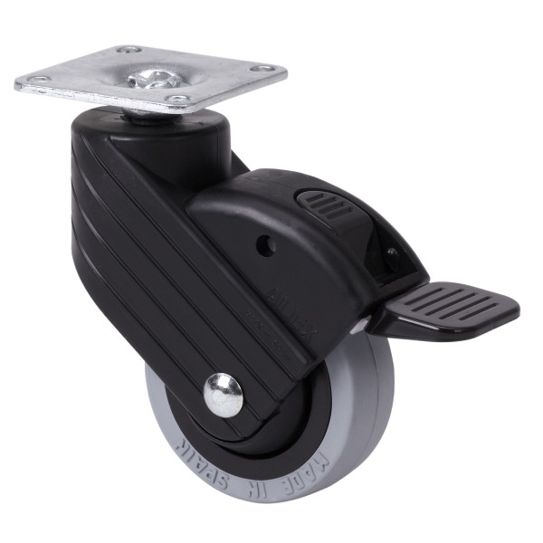 RUEDA MUEBLE AUXILIAR GIRATORIA HP NYLON/GOMA D50 NEGRO/GRIS PLACA 42X42 MM 22 KG CON FRENO