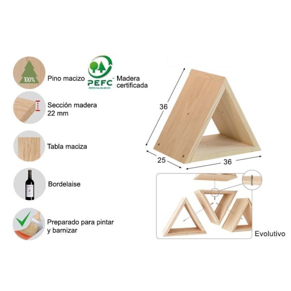 BOTELLERO EVOLUTIVO PRISMA DE PINO MACIZO SIN BARNIZ. 6 BOTELLAS.