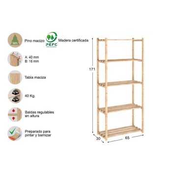 ESTANTERIA NATURA ASTIGARRAGA PINO MACIZO FONDO 30 CM SIN BARNIZ 5 BALDAS