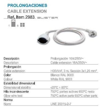 PROLONGADOR 3MTS. 3X1,5 BLANCO 16A FAMATEL
