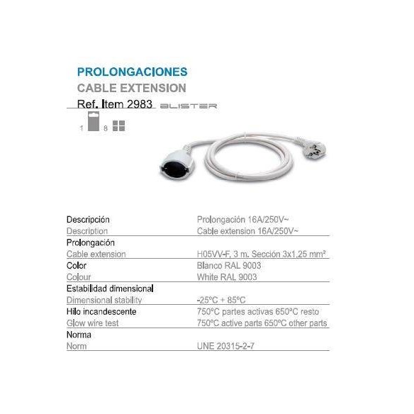 PROLONGADOR 3MTS. 3X1,5 BLANCO 16A FAMATEL