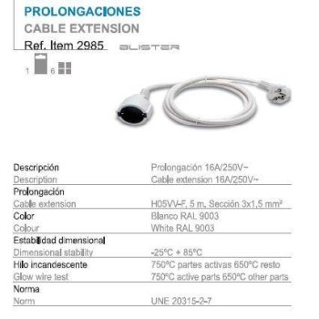 PROLONGADOR 5MTS. 3X1,5 BLANCO 16A FAMATEL