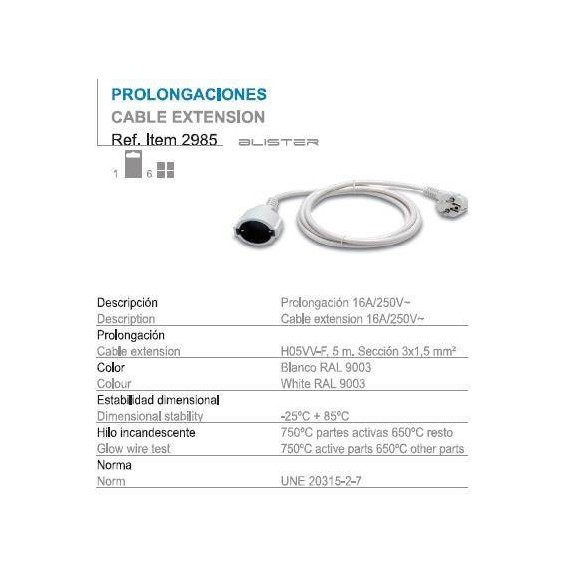 PROLONGADOR 5MTS. 3X1,5 BLANCO 16A FAMATEL