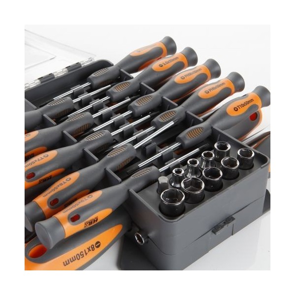 JUEGO COMBINADO DE DESTORNILLADORES, VASOS Y PUNTAS  44 PIEZAS EN ESTUCHE PLÁSTICO HR