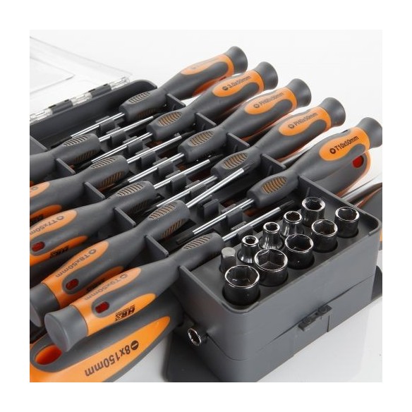 JUEGO COMBINADO DE DESTORNILLADORES, VASOS Y PUNTAS  44 PIEZAS EN ESTUCHE PLÁSTICO HR