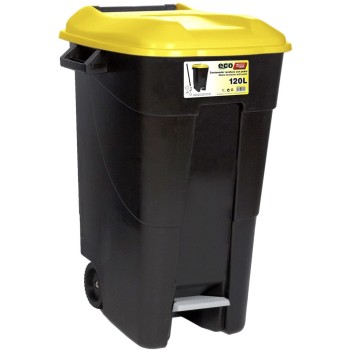 Cubo de basura amarillo para reciclar envases de plasticos, latas y briks. Cubo de basura con ruedas. 120 l. Fácil manejo.