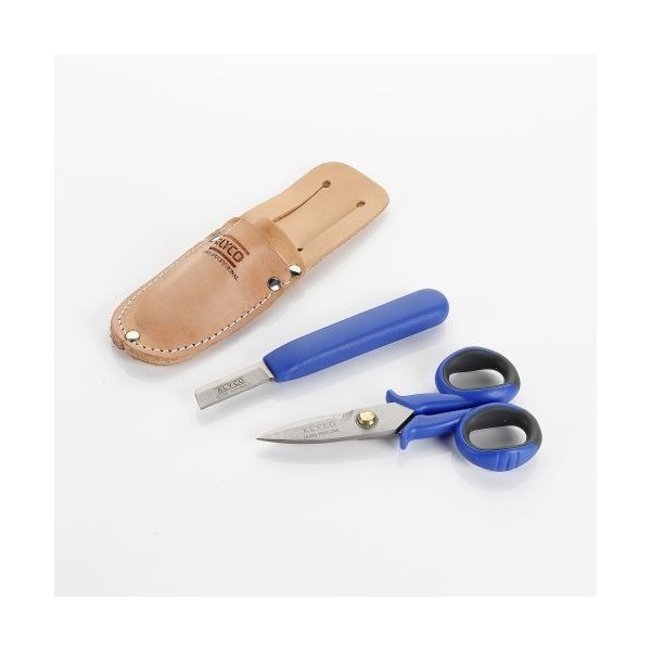 ESTUCHE DE TIJERA Y CUCHILLO PARA ELECTRICISTA EN FUNDA DE CUERO ALYCO
