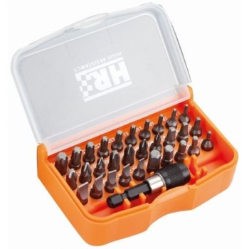 JUEGO DE 30 PUNTAS DE ATORNILLAR DE 1/4" Y ADAPTADOR EN CAJA DE PLASTICO HR