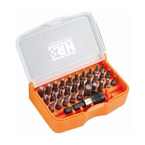 JUEGO DE 30 PUNTAS DE ATORNILLAR DE 1/4" Y ADAPTADOR EN CAJA DE PLASTICO HR