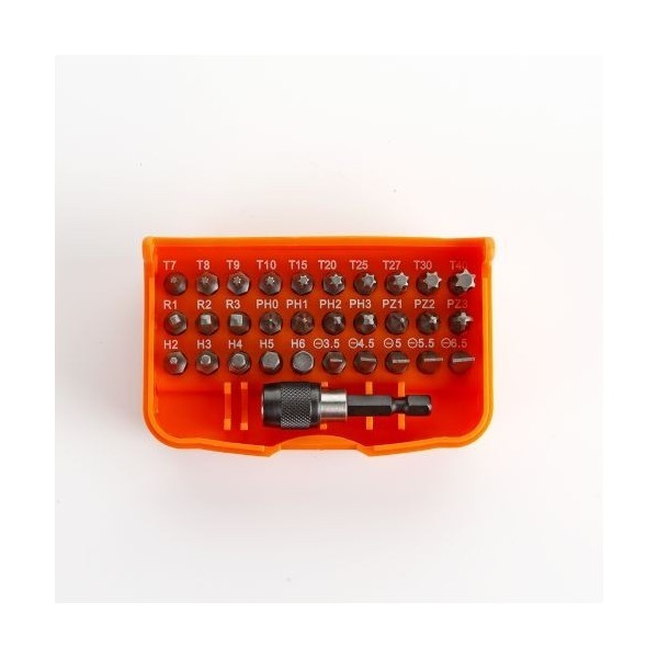 JUEGO DE 30 PUNTAS DE ATORNILLAR DE 1/4" Y ADAPTADOR EN CAJA DE PLASTICO HR