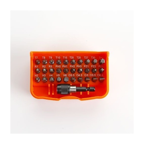 JUEGO DE 30 PUNTAS DE ATORNILLAR DE 1/4" Y ADAPTADOR EN CAJA DE PLASTICO HR