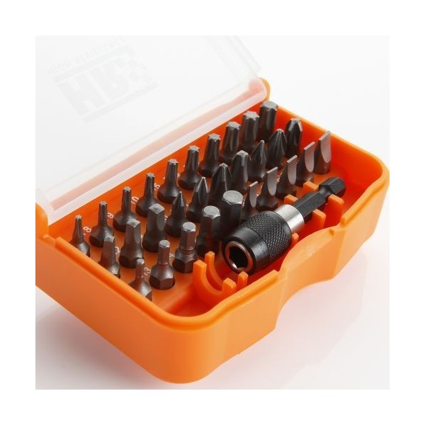 JUEGO DE 30 PUNTAS DE ATORNILLAR DE 1/4" Y ADAPTADOR EN CAJA DE PLASTICO HR