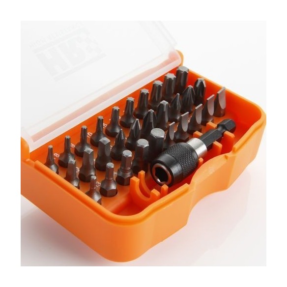 JUEGO DE 30 PUNTAS DE ATORNILLAR DE 1/4" Y ADAPTADOR EN CAJA DE PLASTICO HR