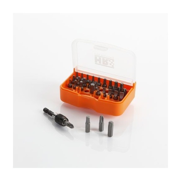 JUEGO DE 30 PUNTAS DE ATORNILLAR DE 1/4" Y ADAPTADOR EN CAJA DE PLASTICO HR