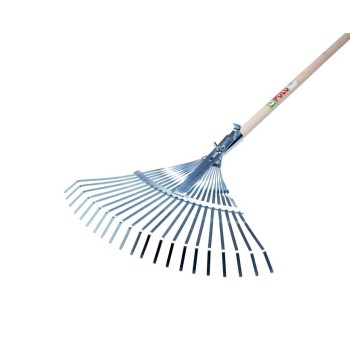 ESCOBA METALICA ACERO 21 DIENTES PLANOS  47X33CM CON MANGO DE MADERA DE 130 CM.