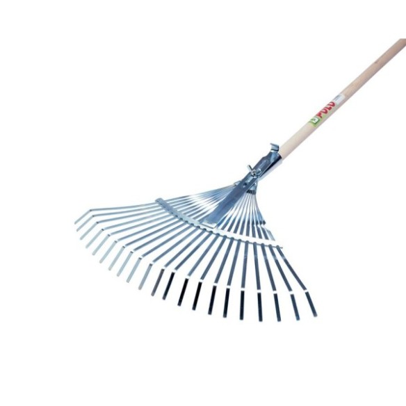 ESCOBA METALICA ACERO 21 DIENTES PLANOS  47X33CM CON MANGO DE MADERA DE 130 CM.