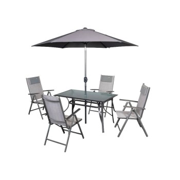 SET TANGO (4 SILLAS +MESA+PARASOL Ø 250MM) ACERO Y VIDRIO