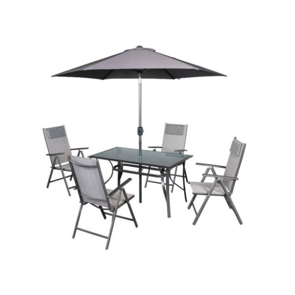 SET TANGO (4 SILLAS +MESA+PARASOL Ø 250MM) ACERO Y VIDRIO