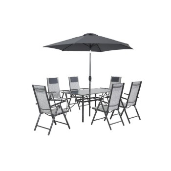 SET RIO (6 SILLAS +MESA+PARASOL Ø 270MM) ACERO Y VIDRIO