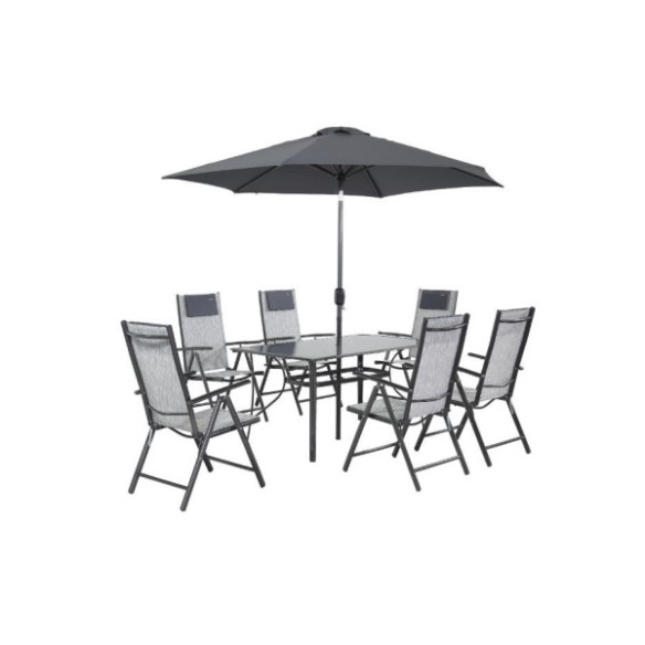 SET RIO (6 SILLAS +MESA+PARASOL Ø 270MM) ACERO Y VIDRIO